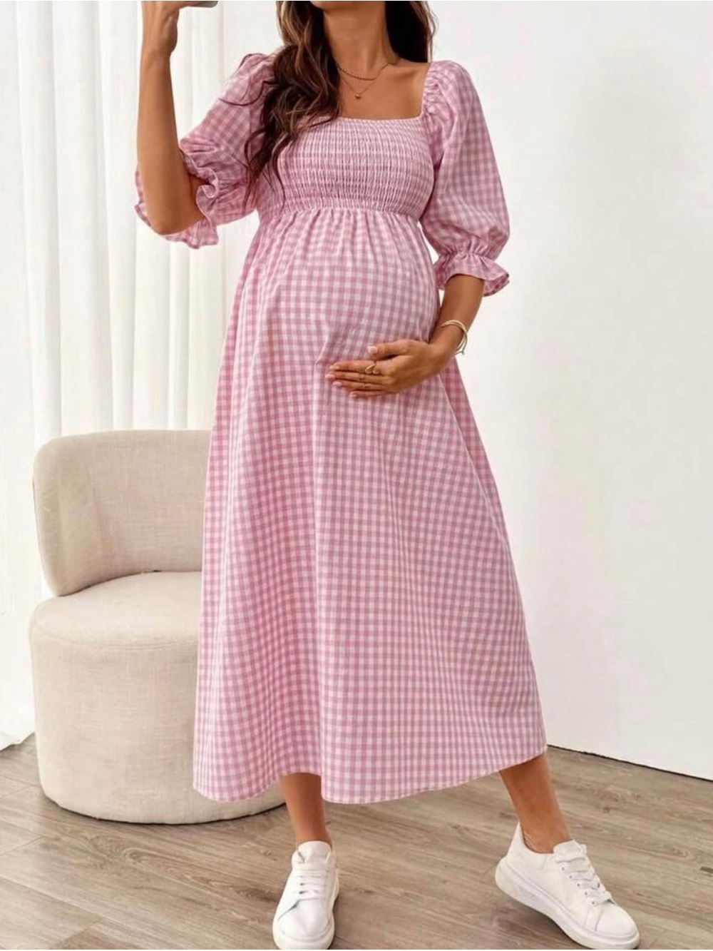 Pink Gingham Maternity Midi Dress with Smocked Bodice